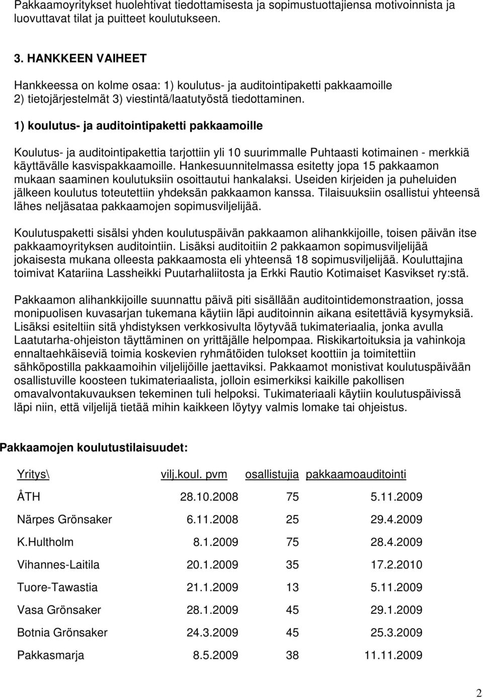 1) koulutus- ja auditointipaketti pakkaamoille Koulutus- ja auditointipakettia tarjottiin yli 10 suurimmalle Puhtaasti kotimainen - merkkiä käyttävälle kasvispakkaamoille.