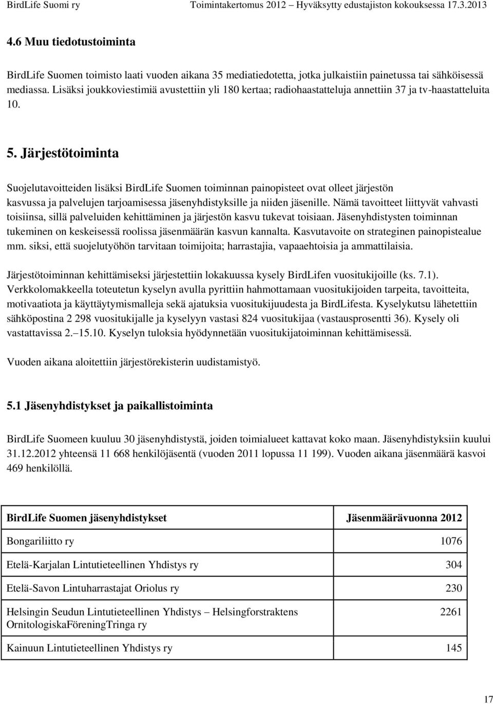 Järjestötoiminta Suojelutavoitteiden lisäksi BirdLife Suomen toiminnan painopisteet ovat olleet järjestön kasvussa ja palvelujen tarjoamisessa jäsenyhdistyksille ja niiden jäsenille.