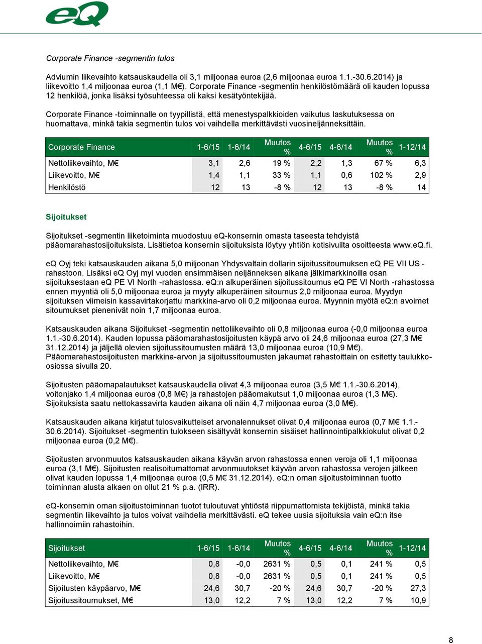 Corporate Finance -toiminnalle on tyypillistä, että menestyspalkkioiden vaikutus laskutuksessa on huomattava, minkä takia segmentin tulos voi vaihdella merkittävästi vuosineljänneksittäin.