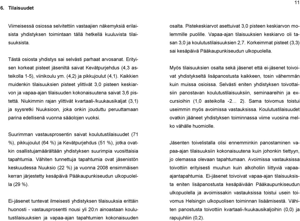 Kaikkien muidenkin tilaisuuksien pisteet ylittivät 3,0 pisteen keskiarvon ja vapaa-ajan tilaisuuden kokonaisuutena saivat 3,6 pistettä.