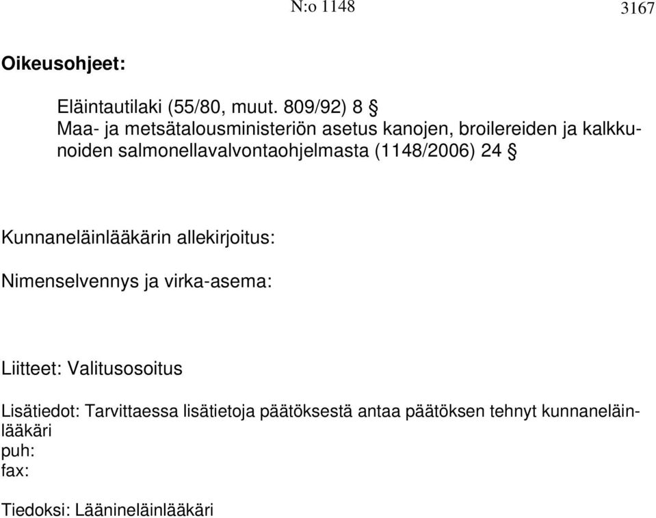 salmonellavalvontaohjelmasta (1148/2006) 24 Kunnaneläinlääkärin allekirjoitus: Nimenselvennys ja