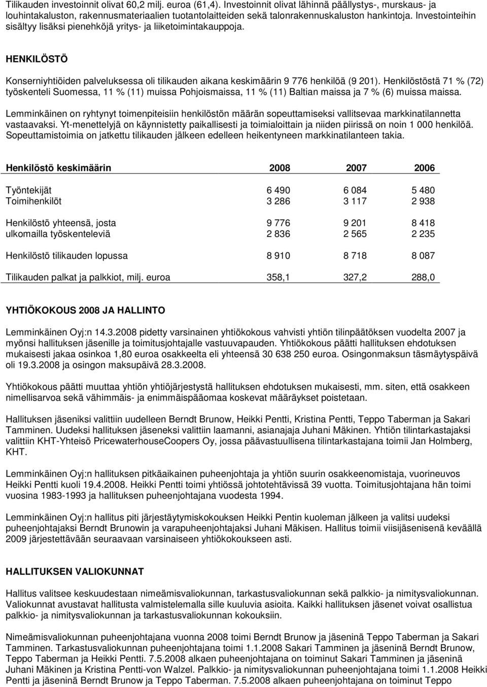 Investointeihin sisältyy lisäksi pienehköjä yritys- ja liiketoimintakauppoja. HENKILÖSTÖ Konserniyhtiöiden palveluksessa oli tilikauden aikana keskimäärin 9 776 henkilöä (9 201).