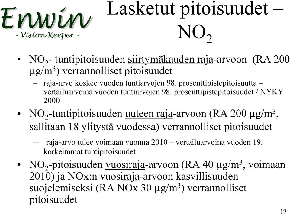 prosenttipistepitoisuudet / NYKY 2000 NO 2 -tuntipitoisuuden uuteen raja-arvoon (RA 200 µg/m 3, sallitaan 18 ylitystä vuodessa) verrannolliset pitoisuudet