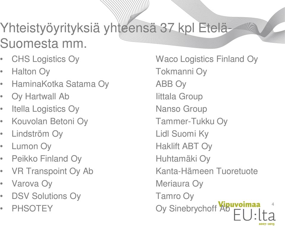 Iittala Group Itella Logistics Oy Nanso Group Kouvolan Betoni Oy Tammer-Tukku Oy Lindström Oy Lidl Suomi Ky