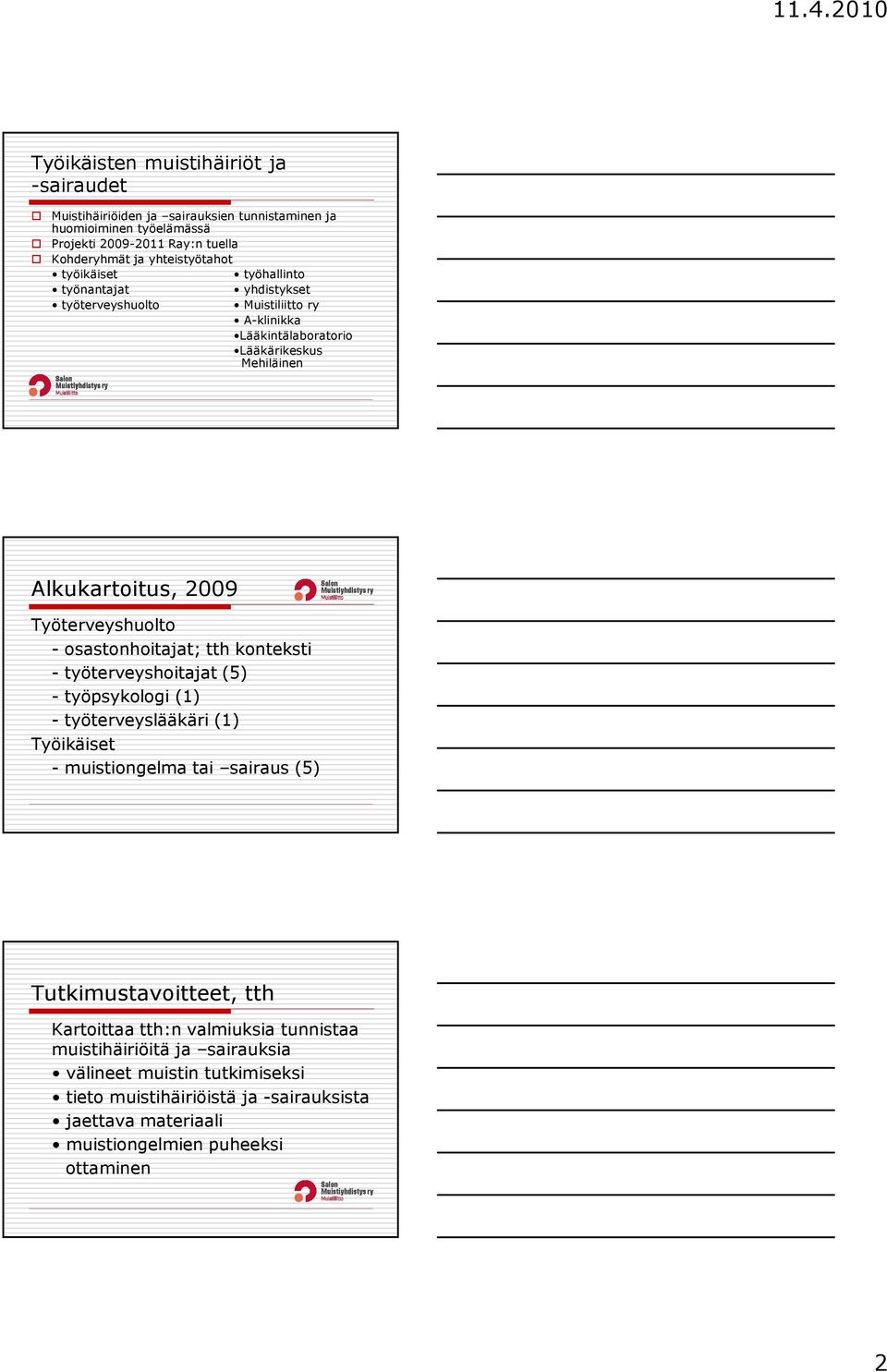 osastonhoitajat; tth konteksti - työterveyshoitajat (5) - työpsykologi (1) - työterveyslääkäri (1) Työikäiset - muistiongelma tai sairaus (5) Tutkimustavoitteet, tth Kartoittaa