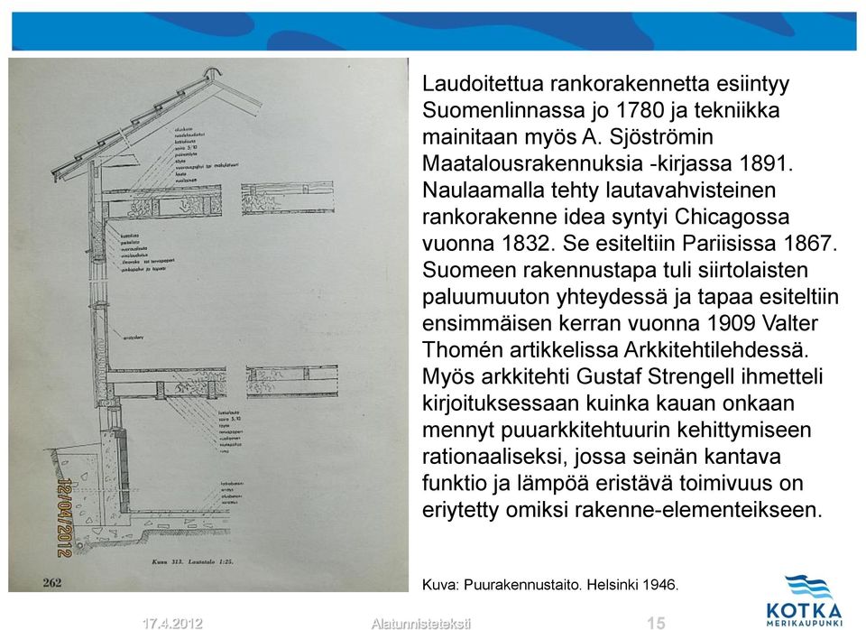 Suomeen rakennustapa tuli siirtolaisten paluumuuton yhteydessä ja tapaa esiteltiin ensimmäisen kerran vuonna 1909 Valter Thomén artikkelissa Arkkitehtilehdessä.