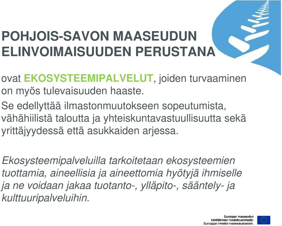 Se edellyttää ilmastonmuutokseen sopeutumista, vähähiilistä taloutta ja yhteiskuntavastuullisuutta sekä