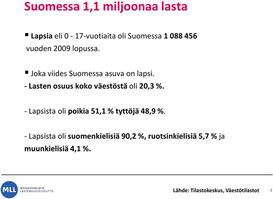 -Lasten osuus koko väestöstä oli 20,3 %. -Lapsista oli poikia 51,1 % tyttöjä 48,9 %.