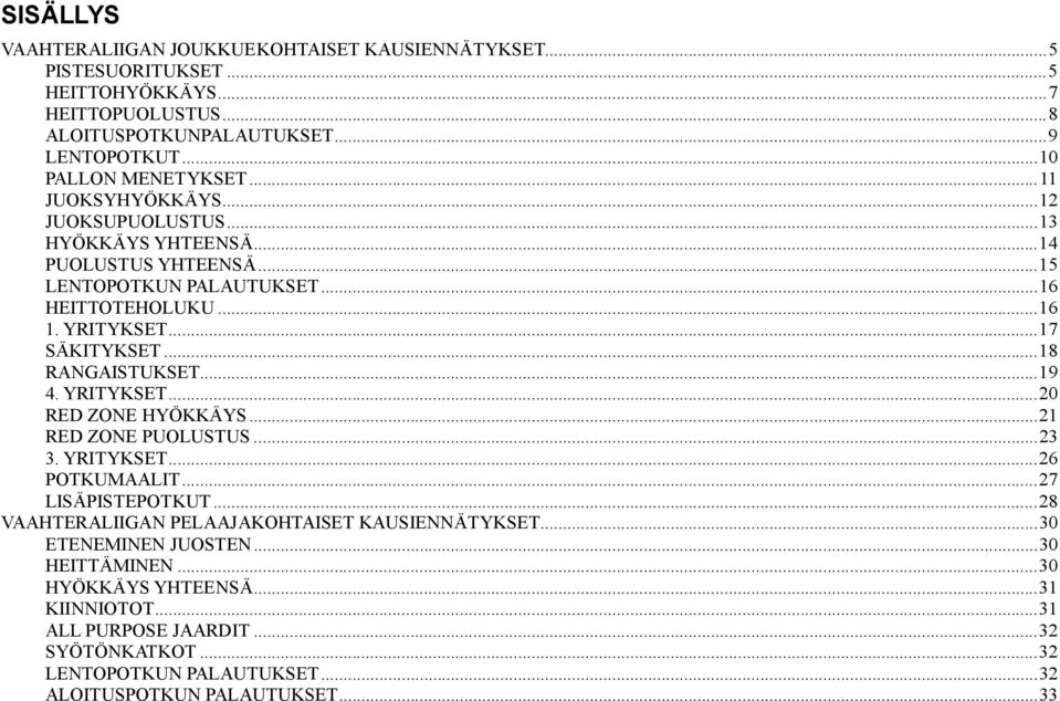 .. 18 RANGAISTUKSET... 19 4. YRITYKSET... 20 RED ZONE HYÖKKÄYS... 21 RED ZONE PUOLUSTUS... 23 3. YRITYKSET... 26 POTKUMAALIT... 27 LISÄPISTEPOTKUT.