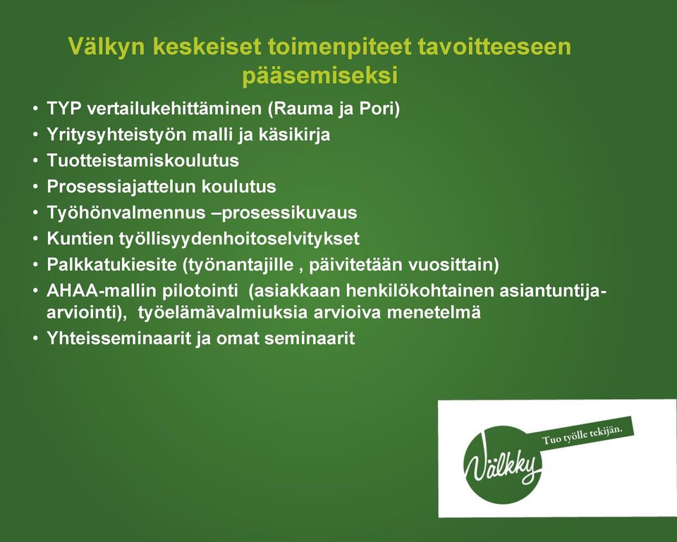 prosessikuvaus Kuntien työllisyydenhoitoselvitykset Palkkatukiesite (työnantajille, päivitetään vuosittain)