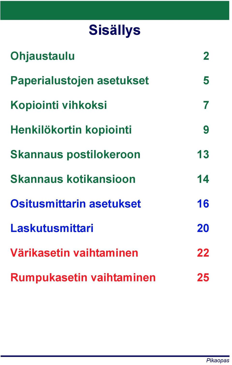 Skannaus kotikansioon 14 Ositusmittarin asetukset 16