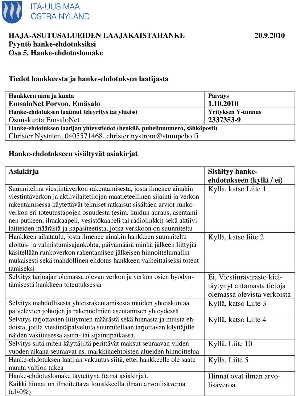 Hanke-ehdotuksen laatijan yhteystiedot (henkilö, puhelinnumero, sähköposti) Christer Nyström, 0405571468, christer.nystrom@stumpebo.fi Hanke-ehdotukseen sisältyvät asiakirjat Päiväys 1.10.