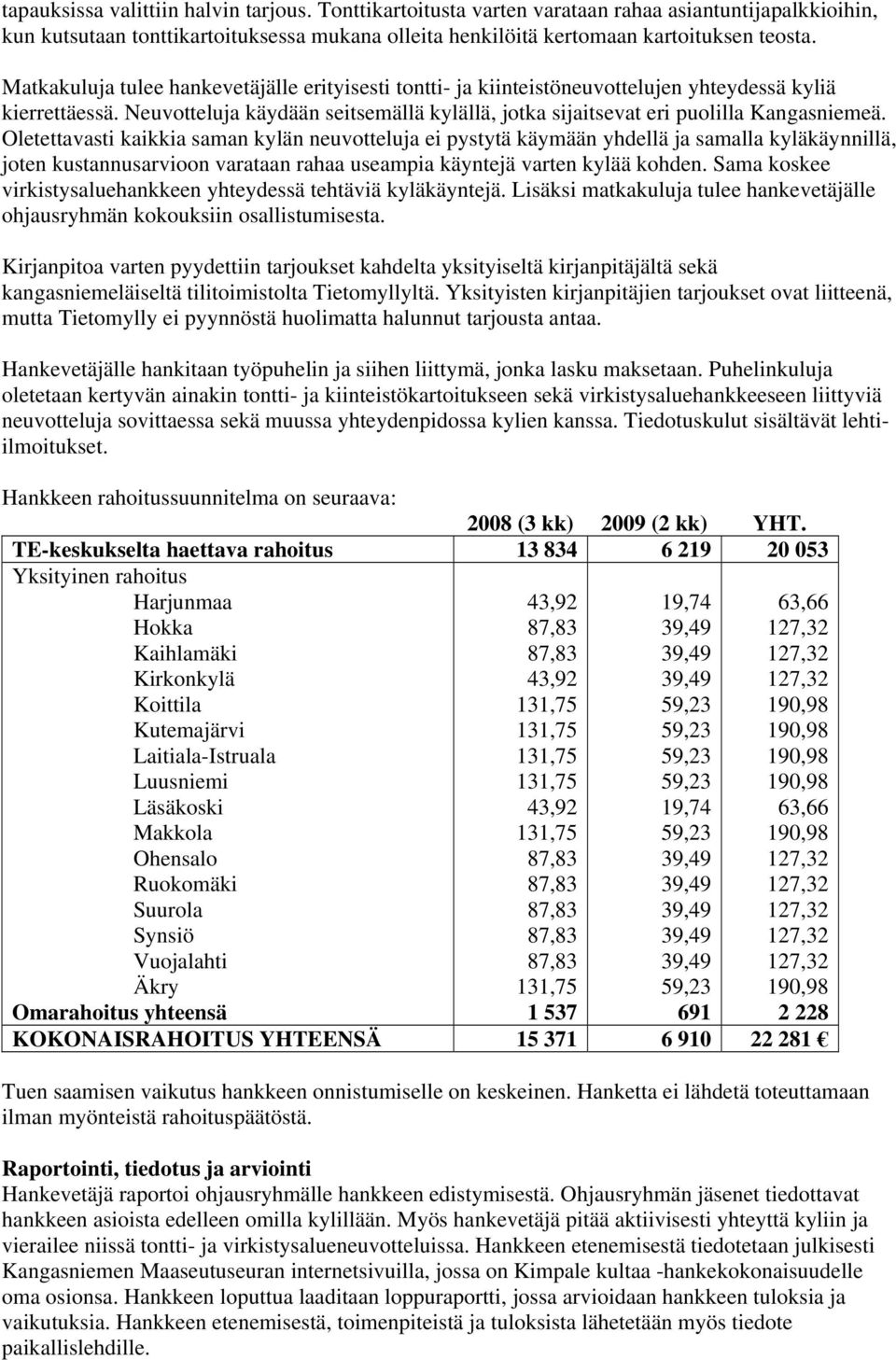 Oletettavasti kaikkia saman kylän neuvotteluja ei pystytä käymään yhdellä ja samalla kyläkäynnillä, joten kustannusarvioon varataan rahaa useampia käyntejä varten kylää kohden.