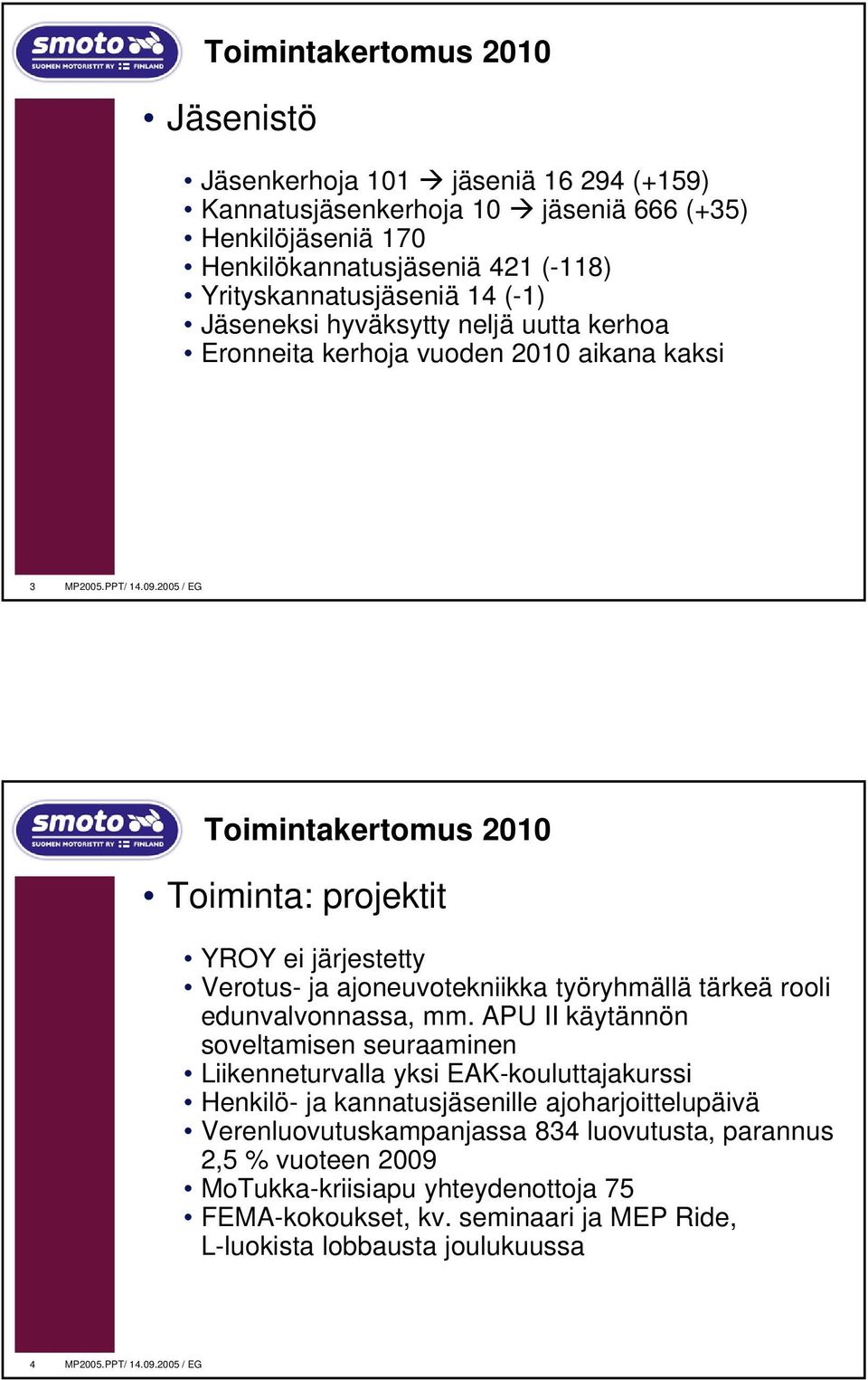 2005 / EG Toimintakertomus 2010 Toiminta: projektit YROY ei järjestetty Verotus- ja ajoneuvotekniikka työryhmällä tärkeä rooli edunvalvonnassa, mm.