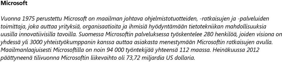 Suomessa Microsoftin palveluksessa työskentelee 280 henkilöä, joiden visiona on yhdessä yli 3000 yhteistyökumppanin kanssa auttaa asiakasta menestymään