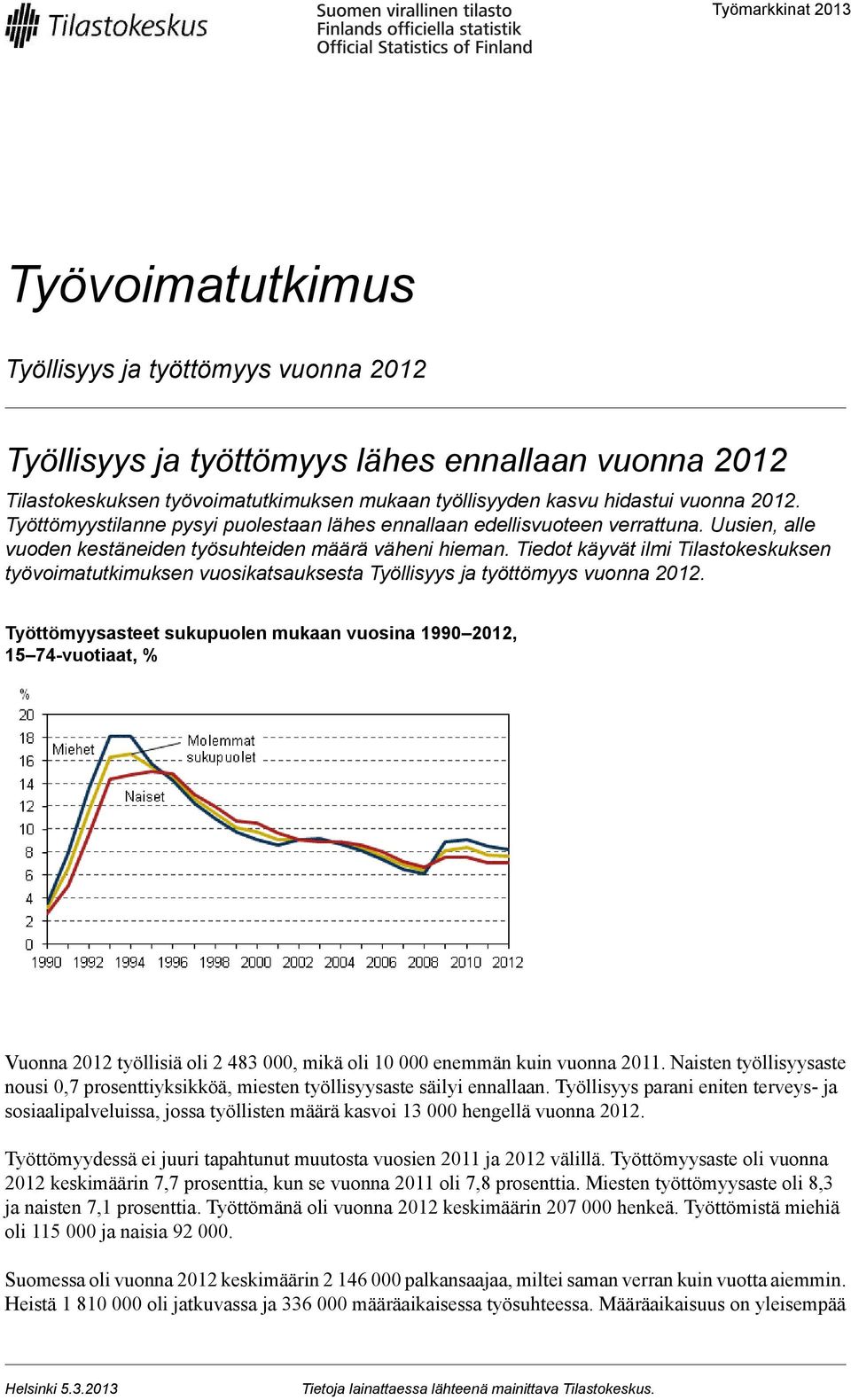 vuosikatsauksesta Työllisyys ja työttömyys vuonna 22 Työttömyysasteet sukupuolen mukaan vuosina 99 22, -vuotiaat, % Vuonna 22 työllisiä oli 2, mikä oli enemmän kuin vuonna 2 Naisten työllisyysaste