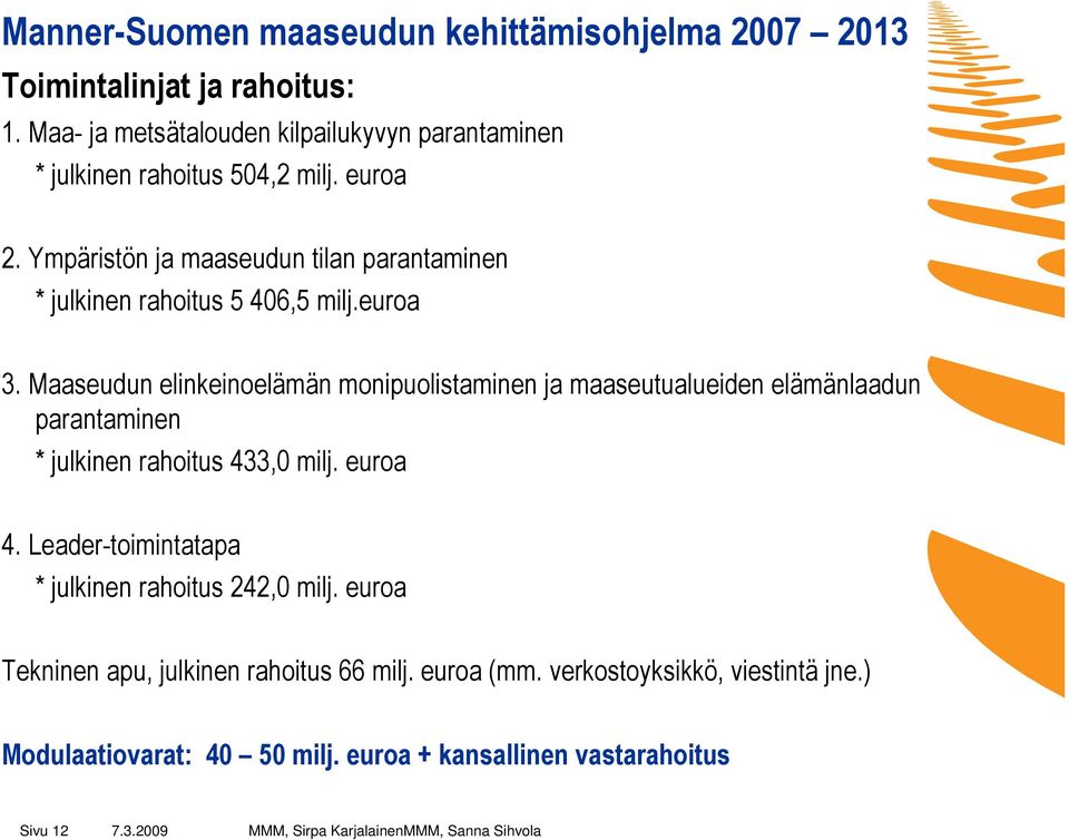 Ympäristön ja maaseudun tilan parantaminen * julkinen rahoitus 5 406,5 milj.euroa 3.