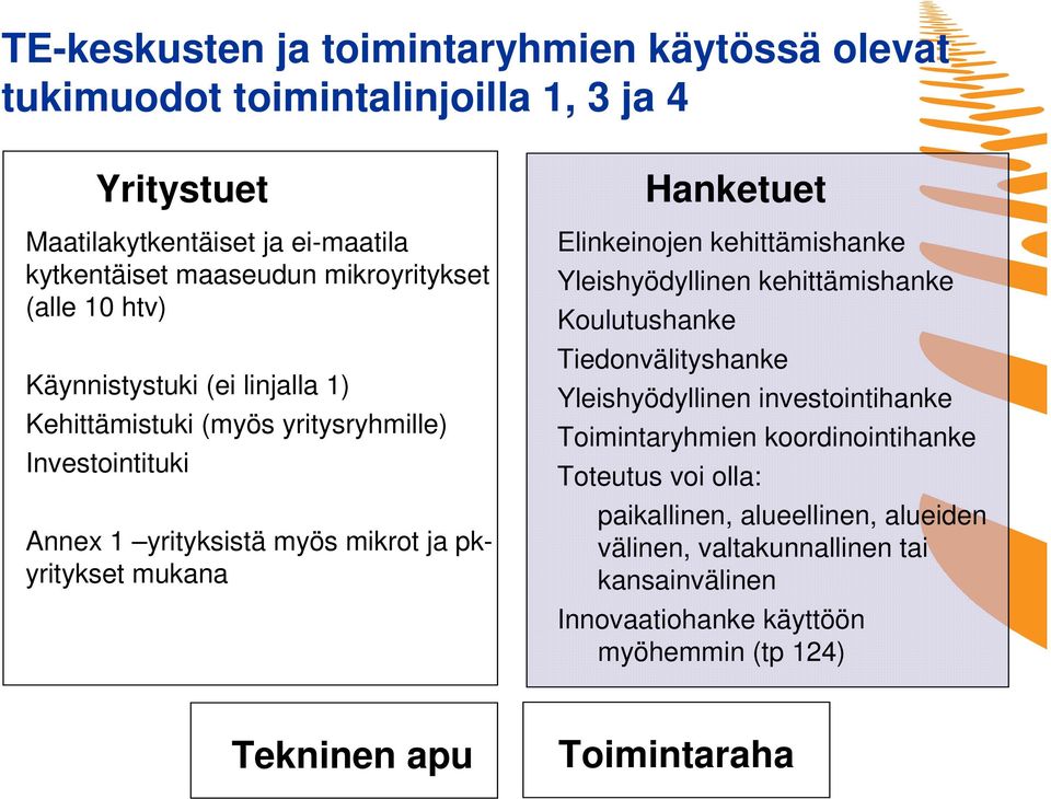 Yleishyödyllinen kehittämishanke Koulutushanke Tiedonvälityshanke Yleishyödyllinen investointihanke Toimintaryhmien koordinointihanke Toteutus voi olla: paikallinen, alueellinen,