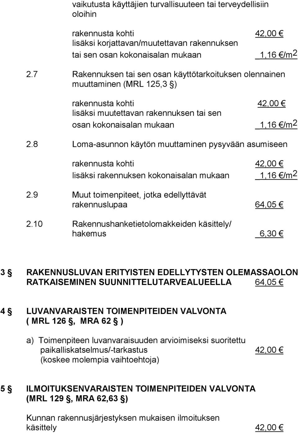 8 Loma-asunnon käytön muuttaminen pysyvään asumiseen rakennusta kohti 42,00 lisäksi rakennuksen kokonaisalan mukaan _1,16 /m 2 2.9 Muut toimenpiteet, jotka edellyttävät rakennuslupaa 64,05 2.