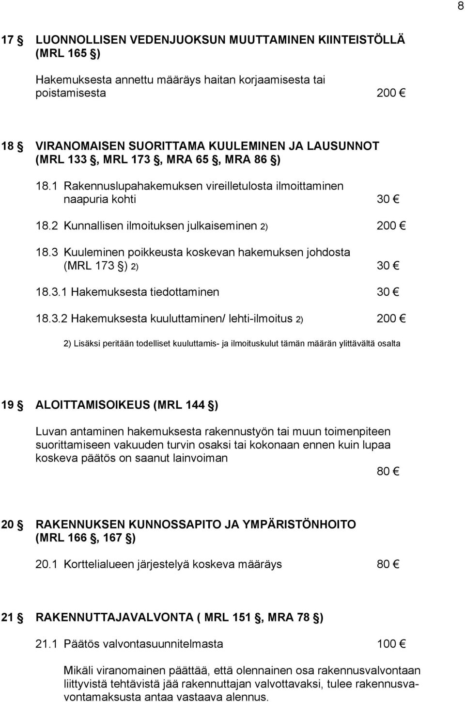 3 Kuuleminen poikkeusta koskevan hakemuksen johdosta (MRL 173 ) 2) 30 18.3.1 Hakemuksesta tiedottaminen 30 18.3.2 Hakemuksesta kuuluttaminen/ lehti-ilmoitus 2) 200 2) Lisäksi peritään todelliset
