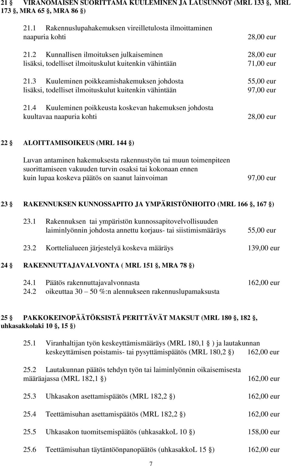 3 Kuuleminen poikkeamishakemuksen johdosta 55,00 eur lisäksi, todelliset ilmoituskulut kuitenkin vähintään 21.