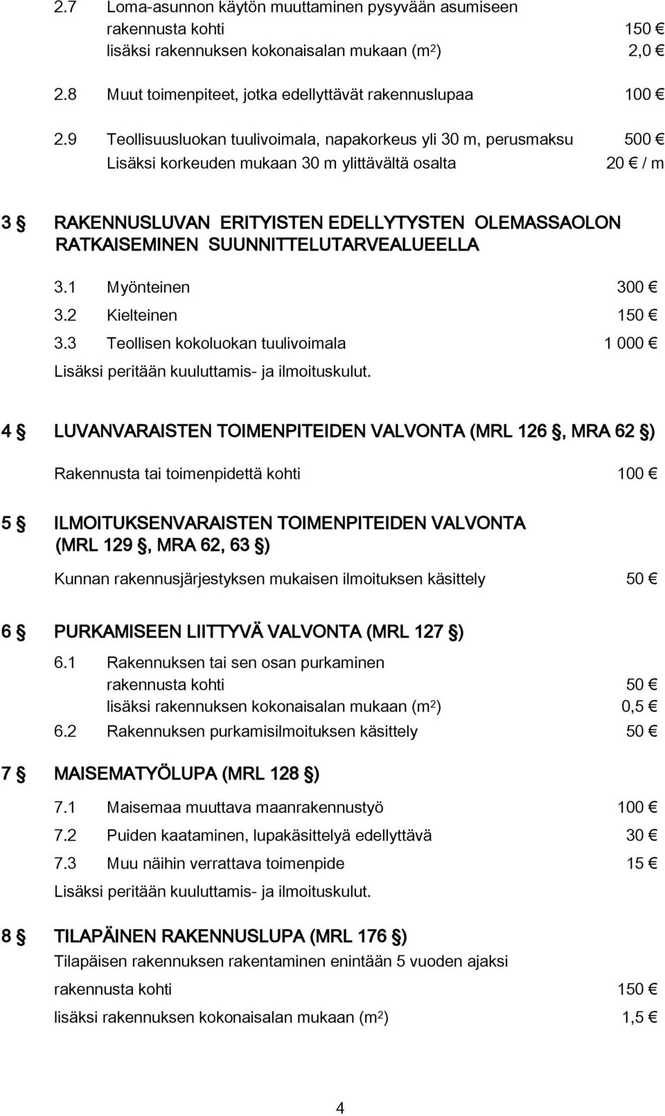 SUUNNITTELUTARVEALUEELLA 3.1 Myönteinen 300 3.2 Kielteinen 150 3.3 Teollisen kokoluokan tuulivoimala 1 000 Lisäksi peritään kuuluttamis- ja ilmoituskulut.