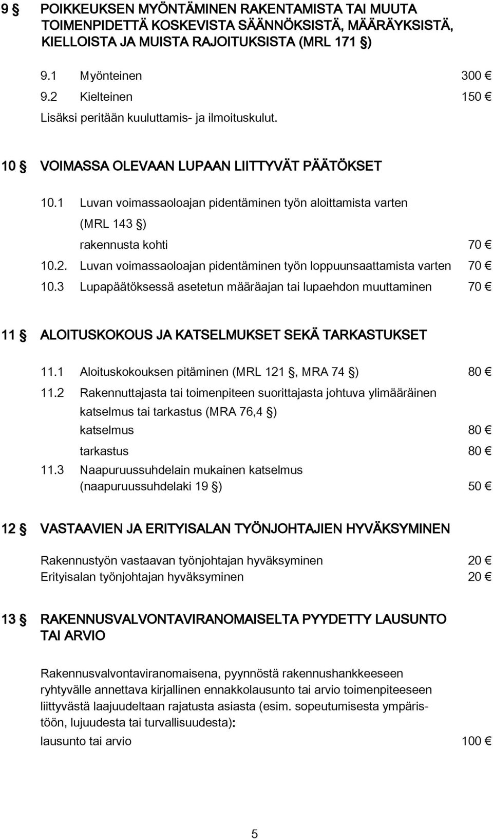 1 Luvan voimassaoloajan pidentäminen työn aloittamista varten (MRL 143 ) rakennusta kohti 70 10.2. Luvan voimassaoloajan pidentäminen työn loppuunsaattamista varten 70 10.