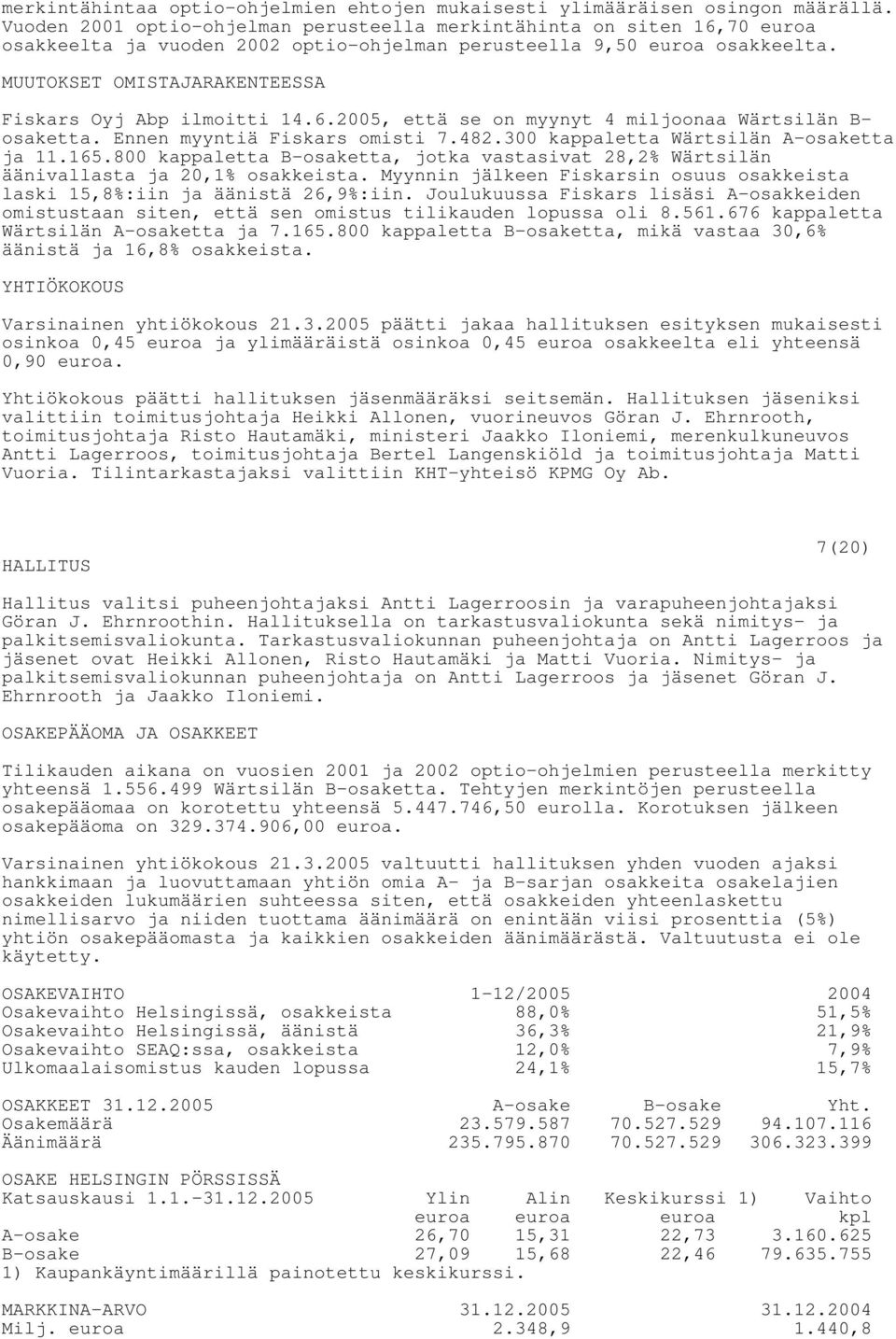MUUTOKSET OMISTAJARAKENTEESSA Fiskars Oyj Abp ilmoitti 14.6.2005, että se on myynyt 4 miljoonaa Wärtsilän B- osaketta. Ennen myyntiä Fiskars omisti 7.482.300 kappaletta Wärtsilän A-osaketta ja 11.165.