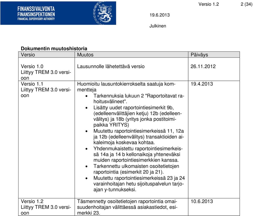 Lisätty uudet raportointiesimerkit 9b, (edelleenvälittäjien ketju) 12b (edelleenvälitys) ja 18b (yritys jonka postitoimipaikka YRITYS) Muutettu raportointiesimerkeissä 11, 12a ja 12b