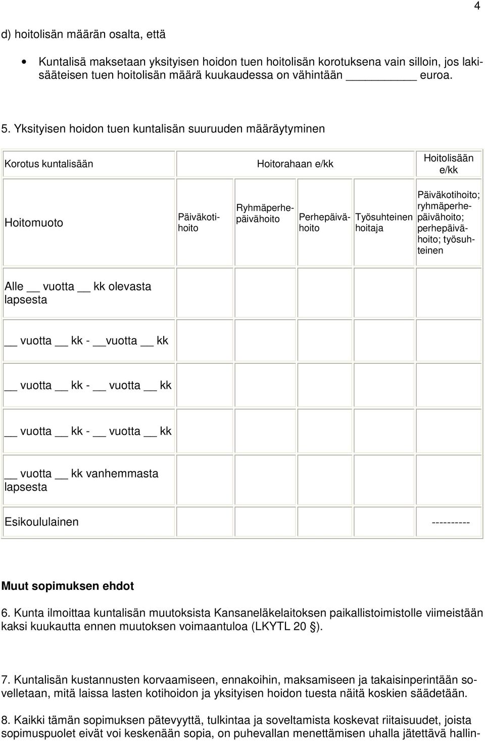 Päiväkotihoito; ryhmäperhepäivähoito; perhepäivähoito; työsuhteinen Alle vuotta kk olevasta vuotta kk - vuotta kk vuotta kk vanhemmasta Esikoululainen ---------- Muut sopimuksen ehdot 6.