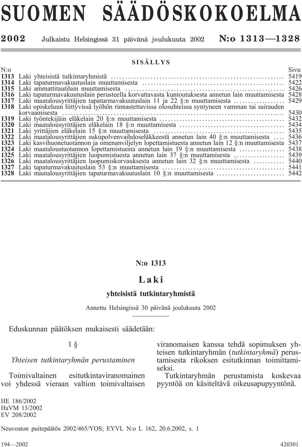 .. 5426 1316 tapaturmavakuutuslain perusteella korvattavasta kuntoutuksesta annetun lain muuttamisesta 5428 1317 maatalousyrittäjien tapaturmavakuutuslain 11 ja 22 :n muuttamisesta.