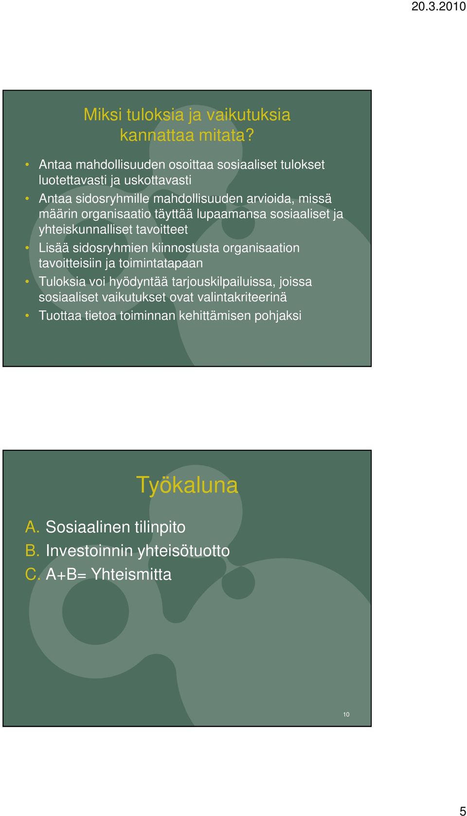 organisaatio täyttää lupaamansa sosiaaliset ja yhteiskunnalliset tavoitteet Lisää sidosryhmien kiinnostusta organisaation tavoitteisiin ja