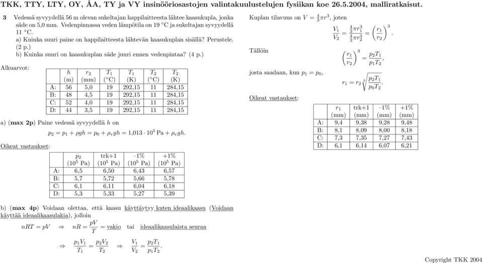 (4 p.) Alkurvot: h r 2 T 1 T 1 T 2 T 2 (m) (mm) ( C) (K) ( C) (K) A: 56 5,0 19 292,15 11 284,15 B: 48 4,5 19 292,15 11 284,15 C: 52 4,0 19 292,15 11 284,15 D: 44 3,5 19 292,15 11 284,15 ) (mx 2p)