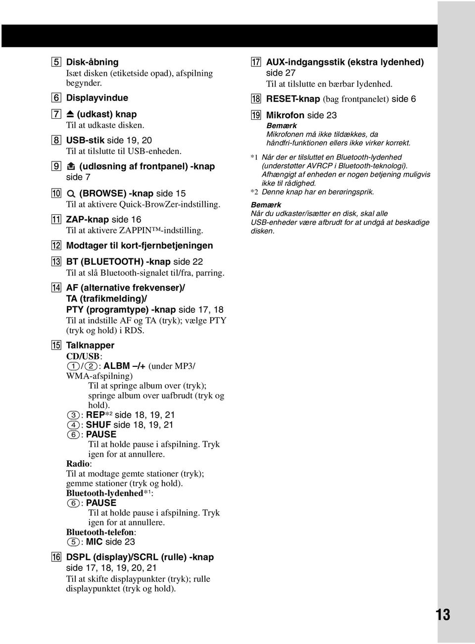 L Modtager til kort-fjernbetjeningen M BT (BLUETOOTH) -knap side 22 Til at slå Bluetooth-signalet til/fra, parring.