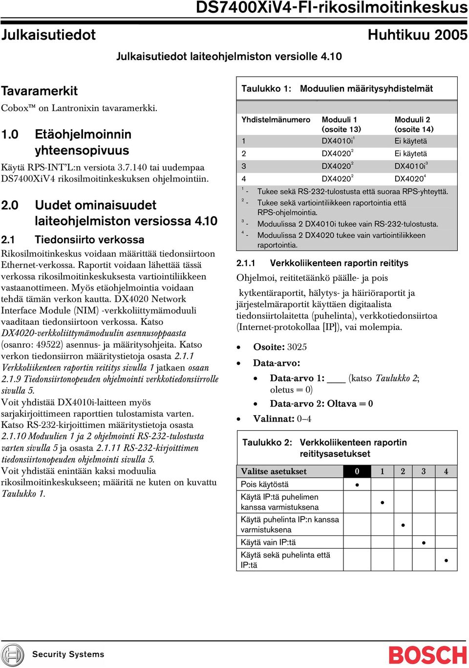 1 Tiedonsiirto verkossa Rikosilmoitinkeskus voidaan määrittää tiedonsiirtoon Ethernet-verkossa. Raportit voidaan lähettää tässä verkossa rikosilmoitinkeskuksesta vartiointiliikkeen vastaanottimeen.