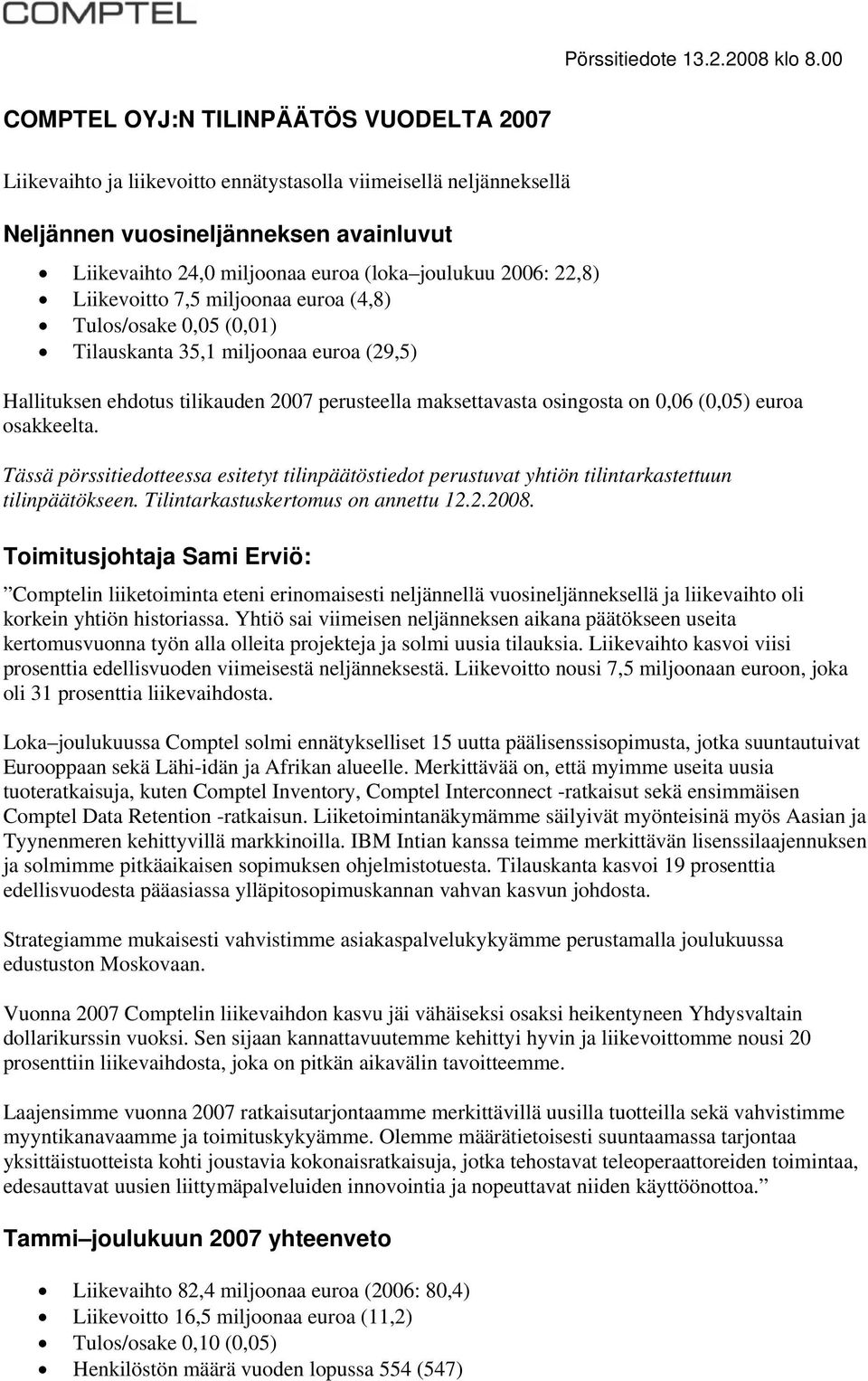 22,8) Liikevoitto 7,5 miljoonaa euroa (4,8) Tulos/osake 0,05 (0,01) Tilauskanta 35,1 miljoonaa euroa (29,5) Hallituksen ehdotus tilikauden perusteella maksettavasta osingosta on 0,06 (0,05) euroa