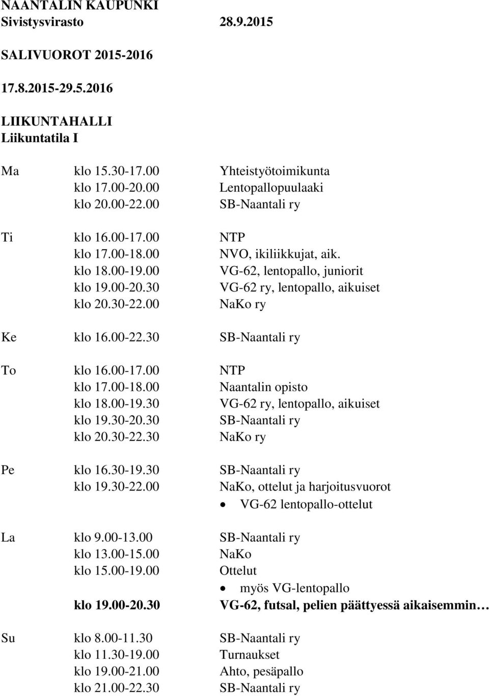 00 NaKo ry Ke klo 16.00-22.30 SB-Naantali ry To klo 16.00-17.00 NTP klo 17.00-18.00 Naantalin opisto klo 18.00-19.30 VG-62 ry, lentopallo, aikuiset klo 19.30-20.30 SB-Naantali ry klo 20.30-22.