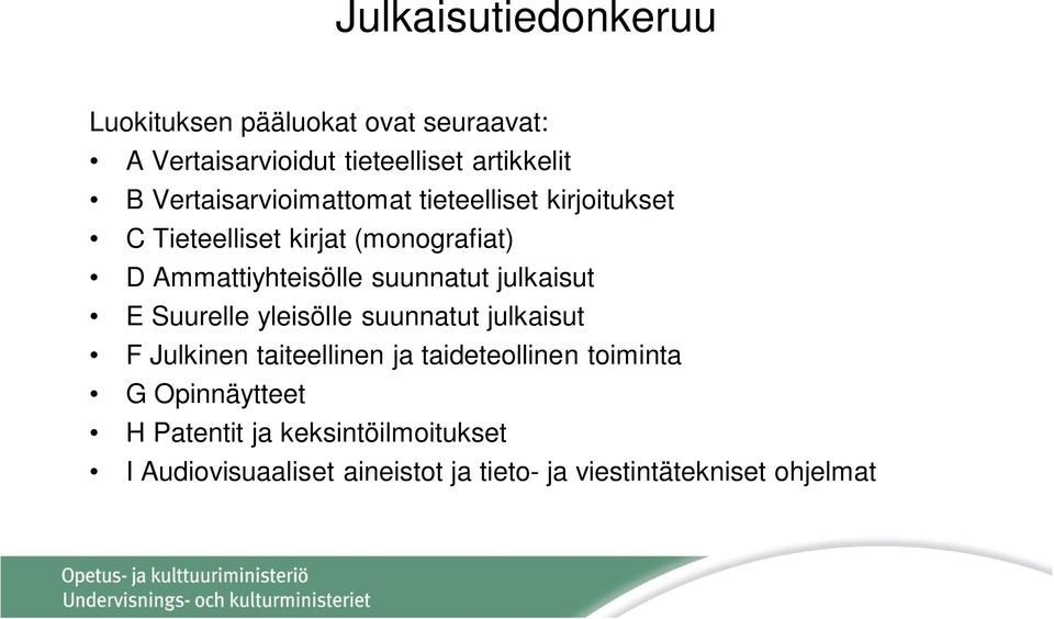 suunnatut julkaisut E Suurelle yleisölle suunnatut julkaisut F Julkinen taiteellinen ja taideteollinen