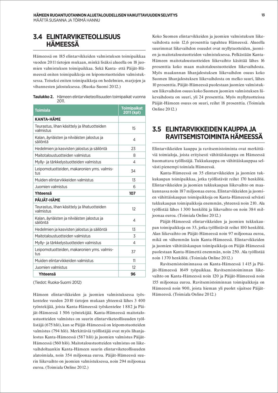 ) Taulukko 2. Hämeen elintarviketeollisuuden toimipaikat vuonna 2011.