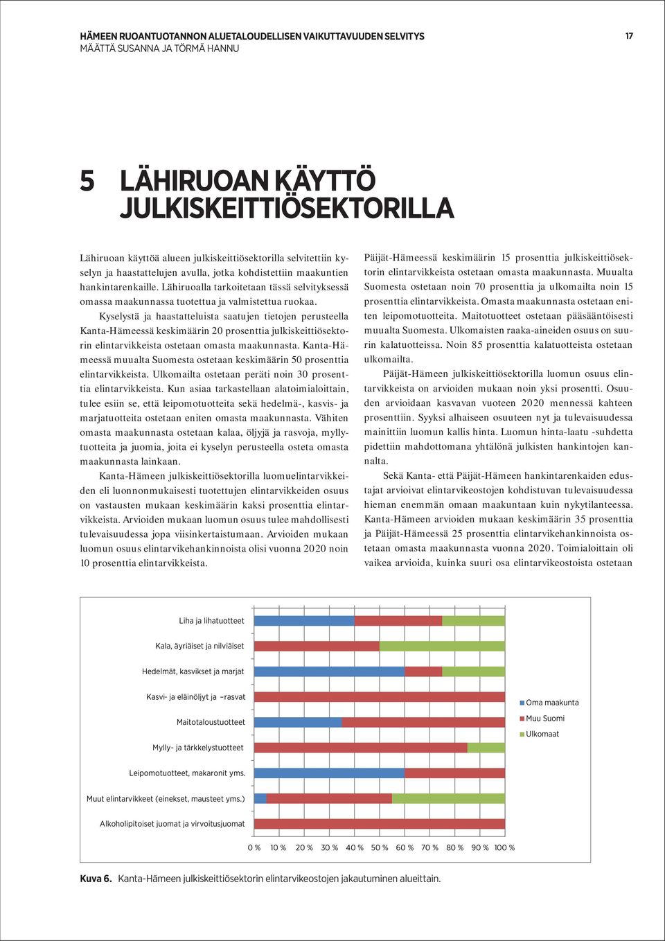 Kyselystä ja haastatteluista saatujen tietojen perusteella Kanta-Hämeessä keskimäärin 20 prosenttia julkiskeittiösektorin elintarvikkeista ostetaan omasta maakunnasta.