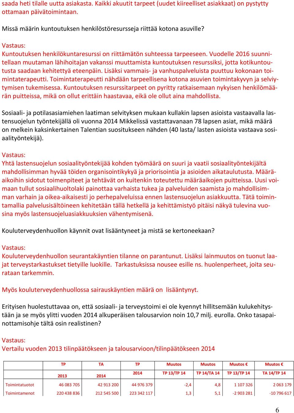 Vuodelle 2016 suunnitellaan muutaman lähihoitajan vakanssi muuttamista kuntoutuksen resurssiksi, jotta kotikuntoutusta saadaan kehitettyä eteenpäin.