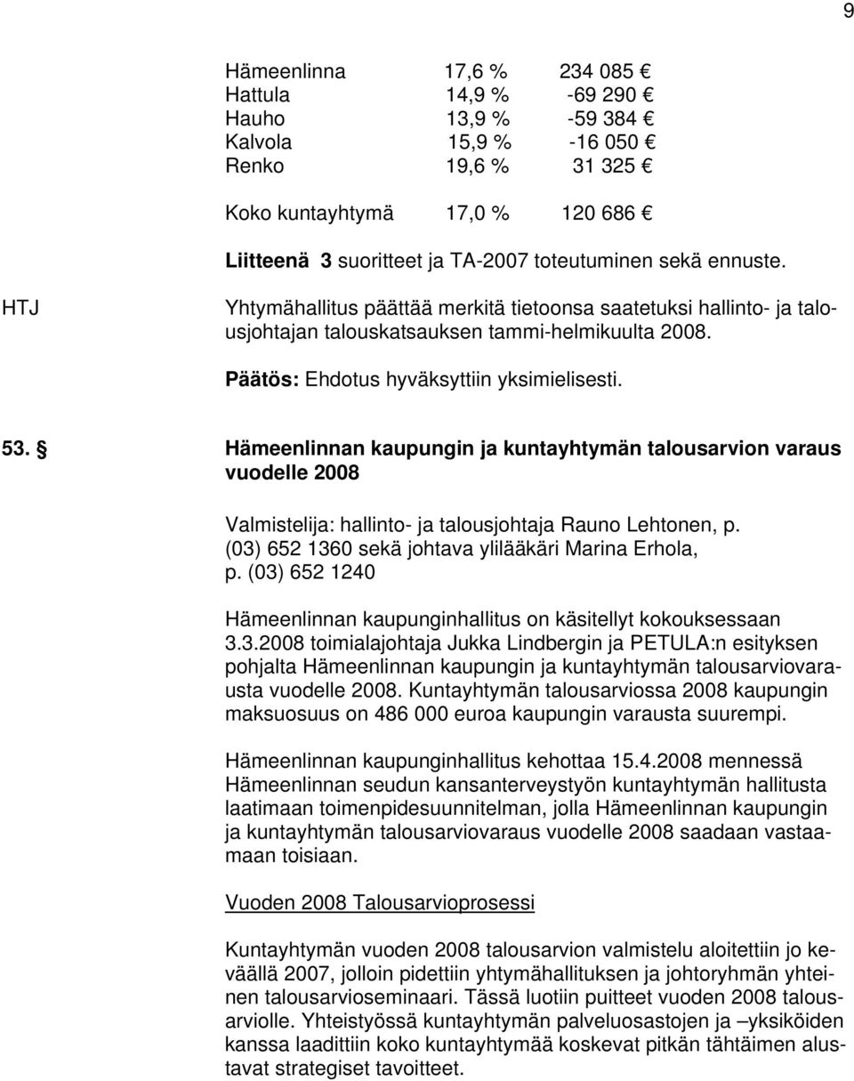 Hämeenlinnan kaupungin ja kuntayhtymän talousarvion varaus vuodelle 2008 Valmistelija: hallinto- ja talousjohtaja Rauno Lehtonen, p. (03) 652 1360 sekä johtava ylilääkäri Marina Erhola, p.