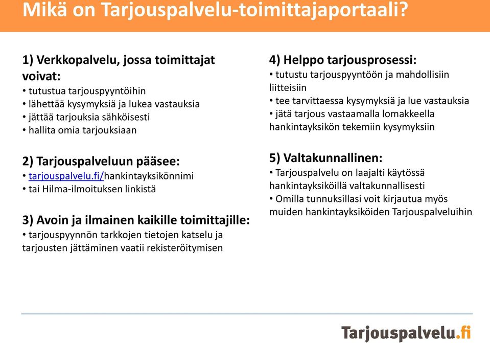 tutustu tarjouspyyntöön ja mahdollisiin liitteisiin tee tarvittaessa kysymyksiä ja lue vastauksia jätä tarjous vastaamalla lomakkeella hankintayksikön tekemiin kysymyksiin 2) Tarjouspalveluun pääsee: