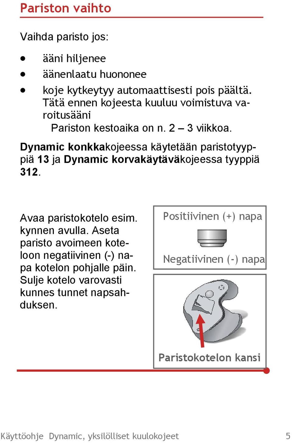 Dynamic konkkakojeessa käytetään paristotyyppiä 13 ja Dynamic korvakäytäväkojeessa tyyppiä 312. Avaa paristokotelo esim. kynnen avulla.