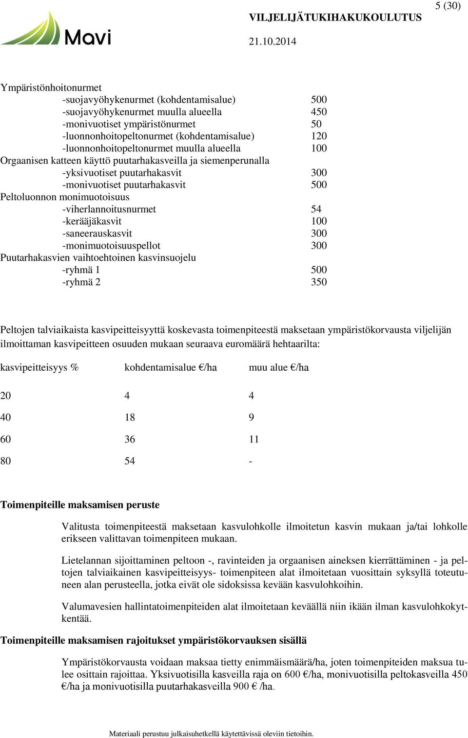 monimuotoisuus -viherlannoitusnurmet 54 -kerääjäkasvit 100 -saneerauskasvit 300 -monimuotoisuuspellot 300 Puutarhakasvien vaihtoehtoinen kasvinsuojelu -ryhmä 1 500 -ryhmä 2 350 Peltojen talviaikaista