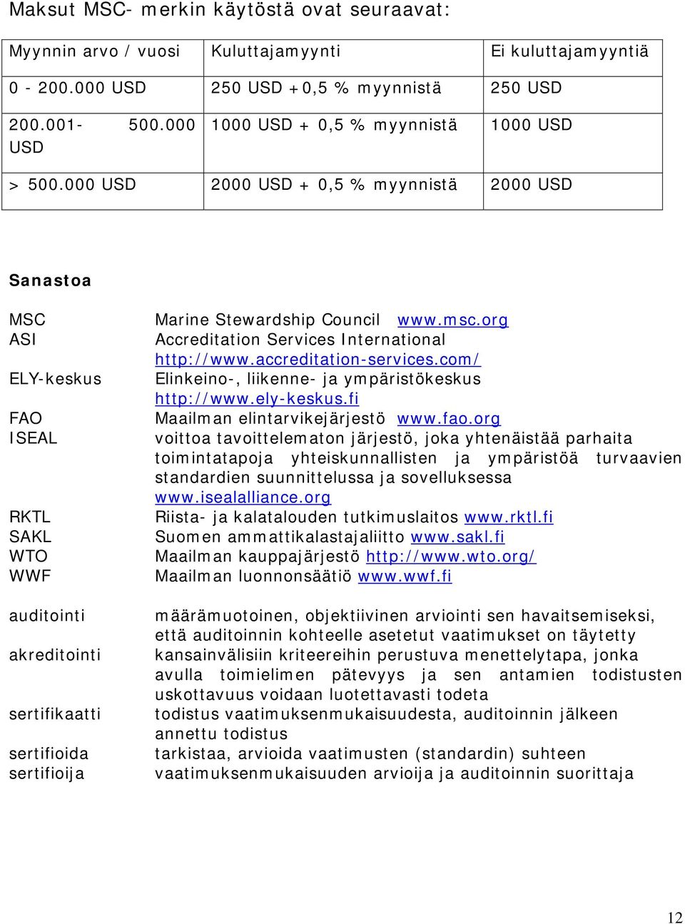 000 USD 2000 USD + 0,5 % myynnistä 2000 USD Sanastoa MSC ASI ELY-keskus FAO ISEAL RKTL SAKL WTO WWF auditointi akreditointi sertifikaatti sertifioida sertifioija Marine Stewardship Council www.msc.