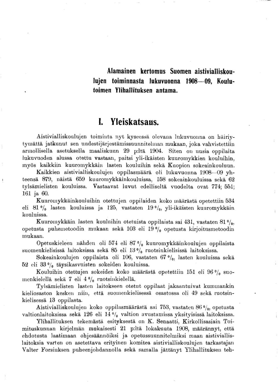 1904. Siten 011 uusia oppilaita lukuvuoden alussa otettu vastaan, paitsi yli-ikäisten kuuromykkien kouluihin, myös kaikkiin kuuromykkäin lasten kouluihin sekä Kuopion sokeainkouluun.