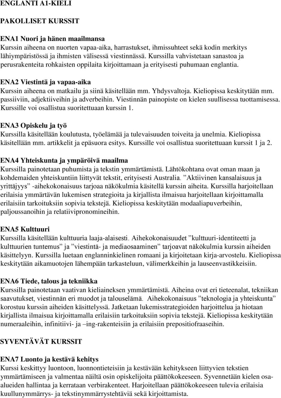 ENA2 Viestintä ja vapaa-aika Kurssin aiheena on matkailu ja siinä käsitellään mm. Yhdysvaltoja. Kieliopissa keskitytään mm. passiiviin, adjektiiveihin ja adverbeihin.