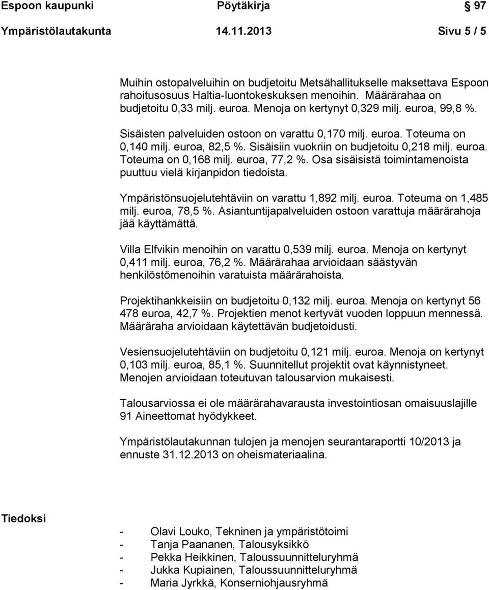 euroa. Toteuma on 0,168 milj. euroa, 77,2 %. Osa sisäisistä toimintamenoista puuttuu vielä kirjanpidon tiedoista. Ympäristönsuojelutehtäviin on varattu 1,892 milj. euroa. Toteuma on 1,485 milj.