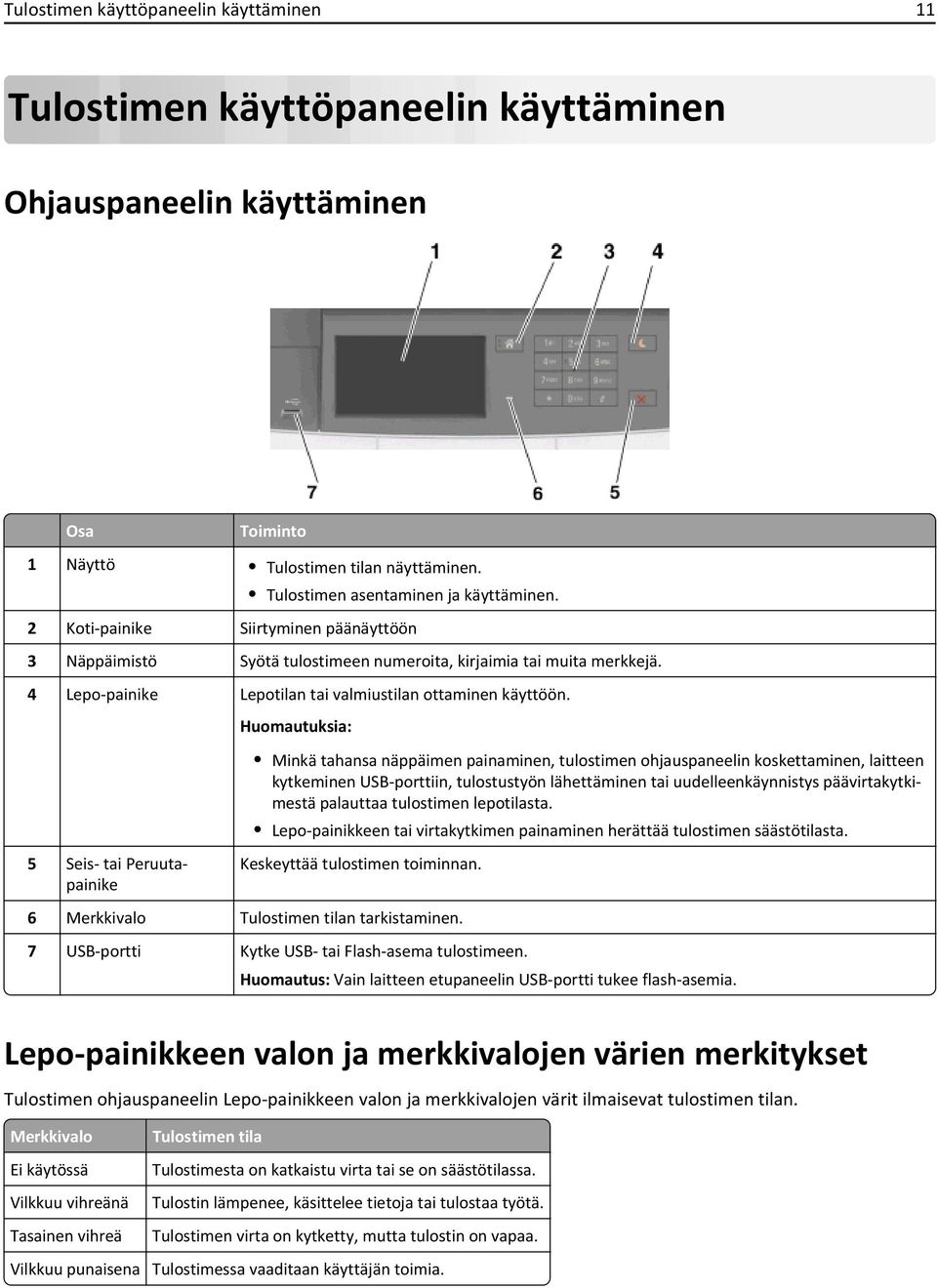 Minkä tahansa näppäimen painaminen, tulostimen ohjauspaneelin koskettaminen, laitteen kytkeminen USB-porttiin, tulostustyön lähettäminen tai uudelleenkäynnistys päävirtakytkimestä palauttaa